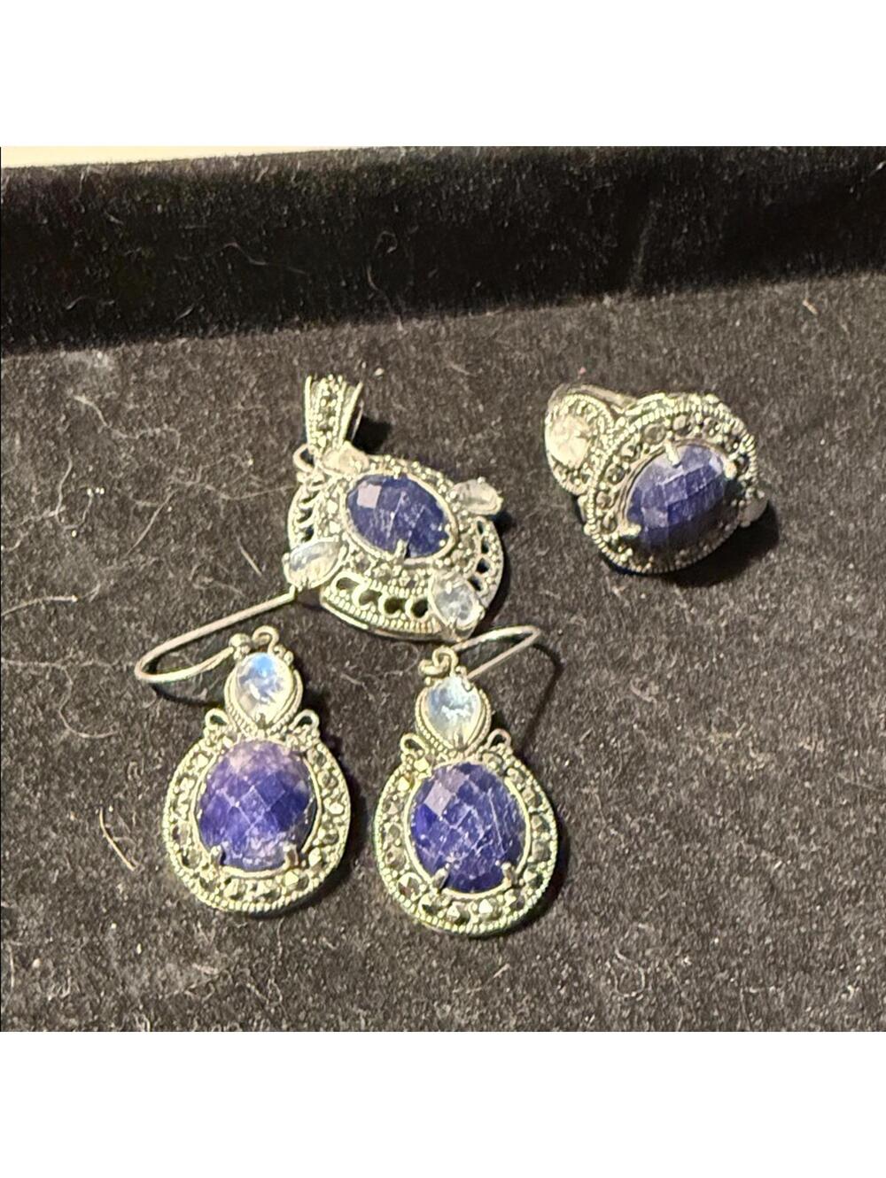 Sterling Silver Faceted Lapis & Marcasite Statement Ring